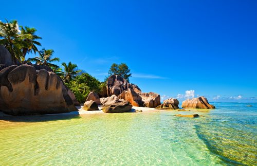 Seascape view with a huge stones, Seychelles, LaDigue island 