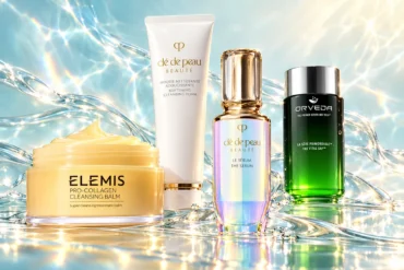 Skincare collage with Elemis, Clé de Peau Beauté, and Orveda products on a luminous aqua background