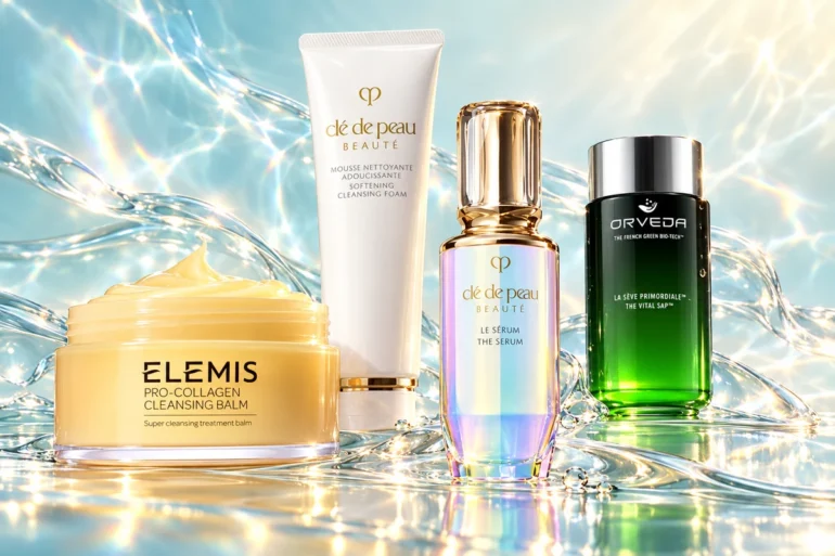 Skincare collage with Elemis, Clé de Peau Beauté, and Orveda products on a luminous aqua background