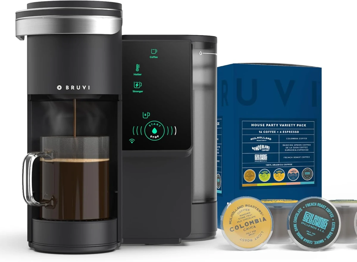 Bruvi black drink brewer and coffee pods