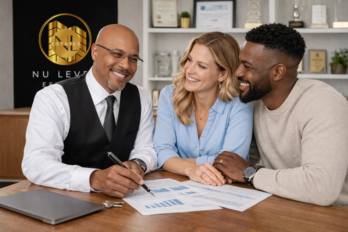Couple reviewing home finances with a real estate broker