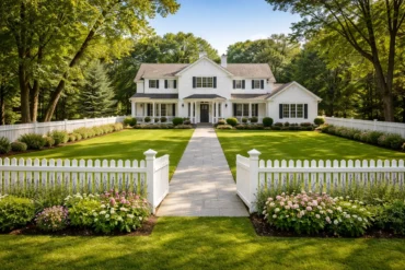 Family home with a white fence and landscaped garden