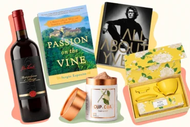 Gift guide collage with Per Linda wine, two books, Cup of Coa cocoa, and Tea Forté gift set