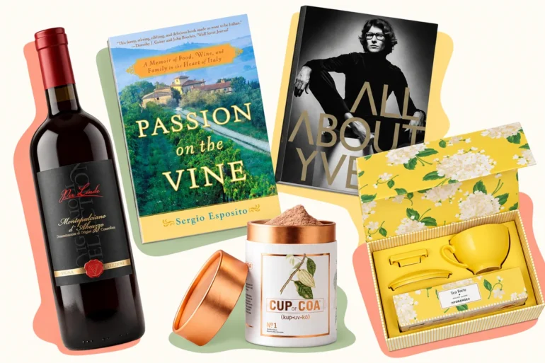 Gift guide collage with Per Linda wine, two books, Cup of Coa cocoa, and Tea Forté gift set