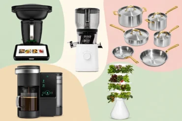 Home luxuries product collage with kitchen appliances, stainless cookware, coffee brewer, and indoor garden
