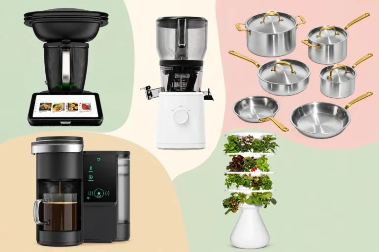 Home luxuries product collage with kitchen appliances, stainless cookware, coffee brewer, and indoor garden