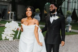 Jovan and Jalin in their wedding attire in Portugal
