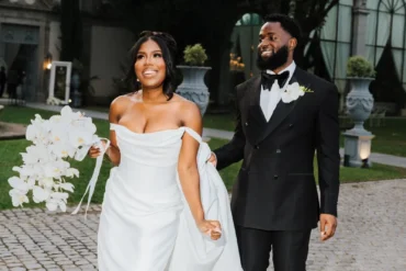 Jovan and Jalin in their wedding attire in Portugal