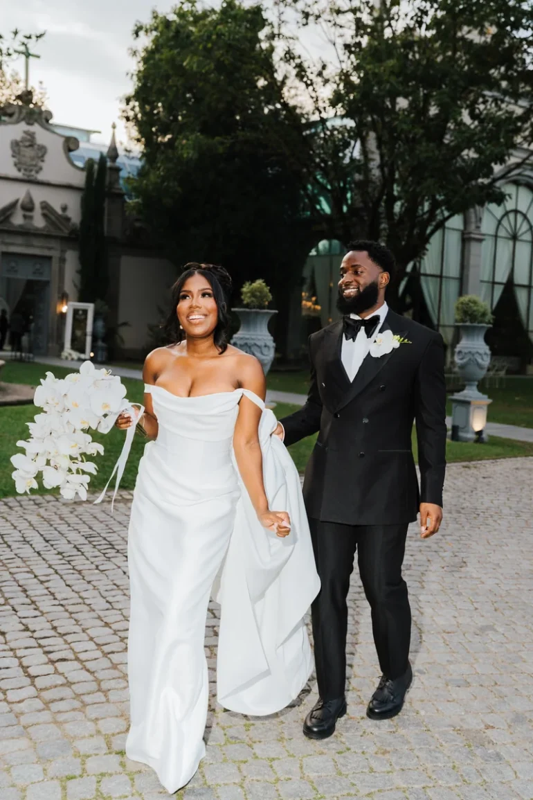 Jovan and Jalin in their wedding attire in Portugal
