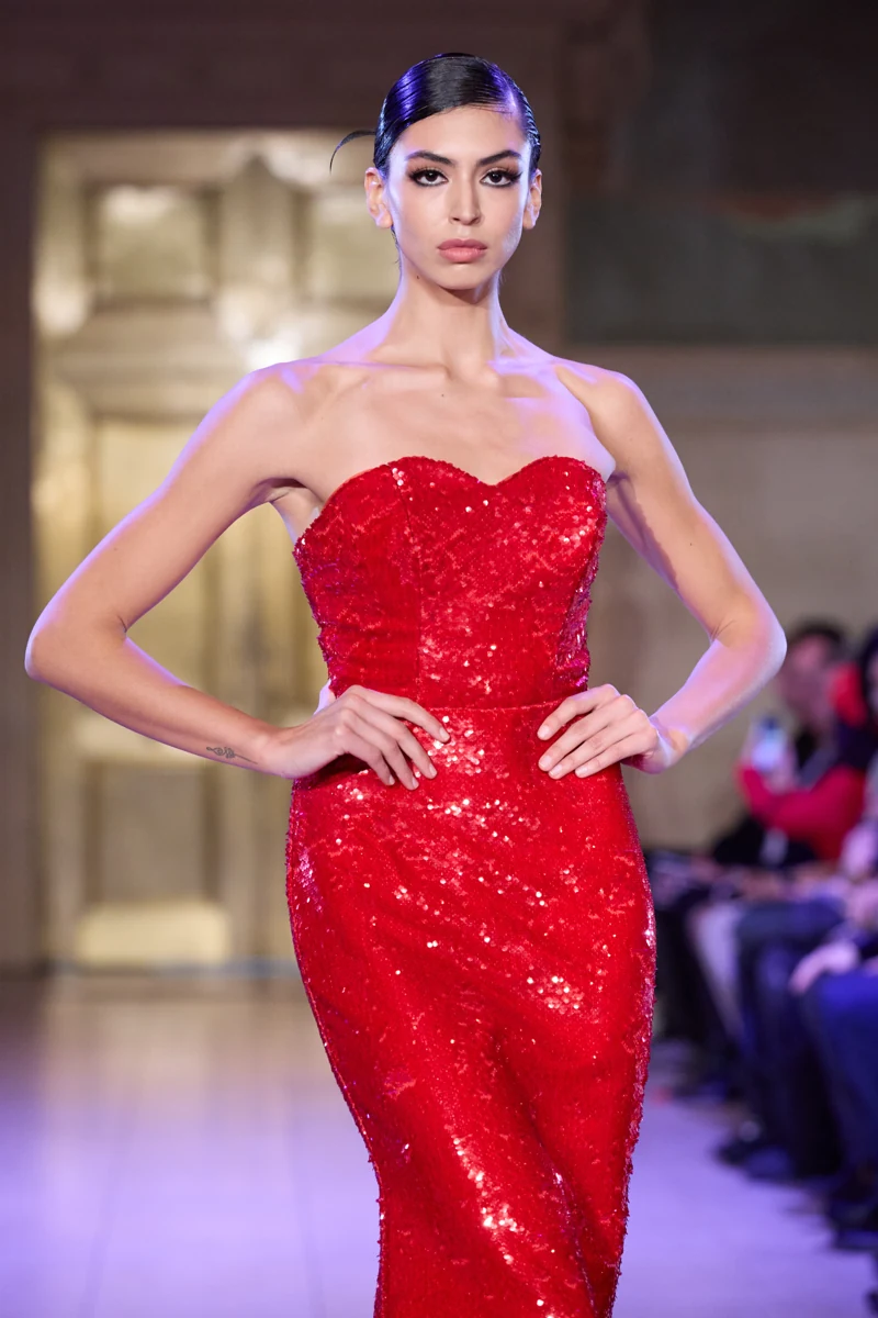 Malan Breton Autumn Winter 2026 garnet strapless gown