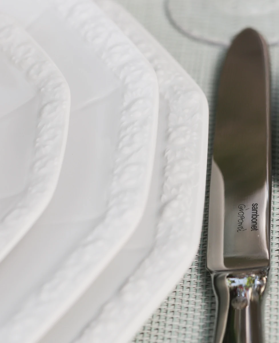 Rosenthal Maria White plate and Sambonet Gio Ponti knife detail