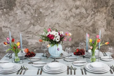 Rosenthal and Sambonet afternoon tea table with floral centerpiece