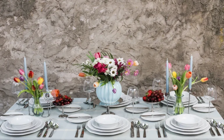 Rosenthal and Sambonet afternoon tea table with floral centerpiece