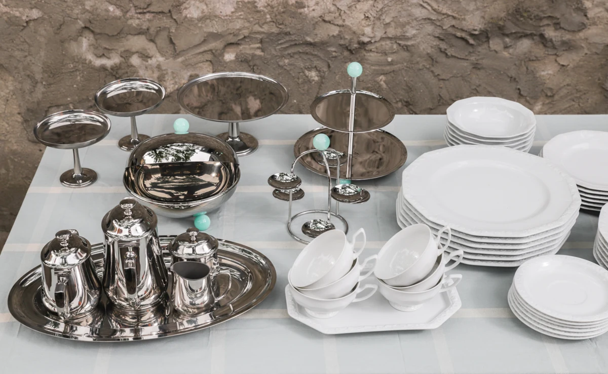 Sambonet Elite tea service and Penelope stands with Rosenthal Maria porcelain