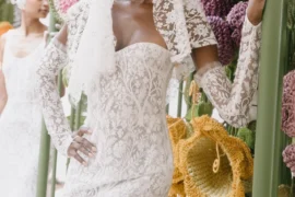 Francesca Miranda Floresta Fall 2027 bridal look amid Chelsea floral installation