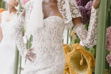 Francesca Miranda Floresta Fall 2027 bridal look amid Chelsea floral installation