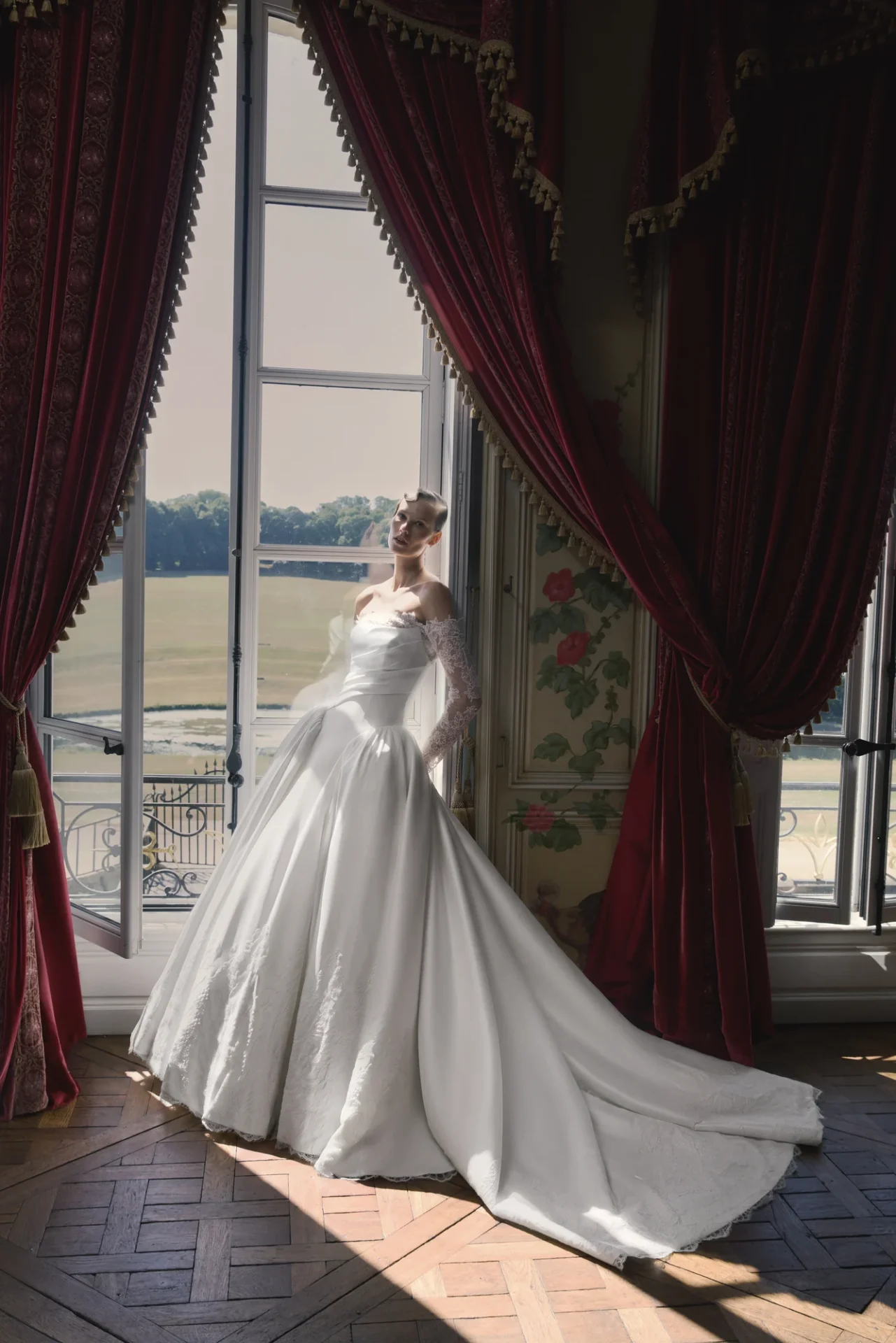 Forte wedding dress from Justin Alexander Signature Fall/Winter 2027, with a draped bodice and full skirt.